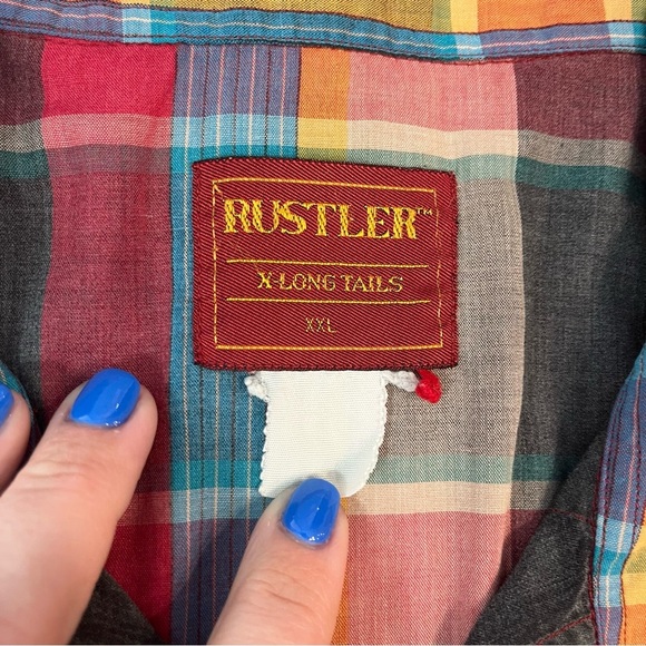 Vintage Rustler red cream plaid button down pearl buttons size XXL x-long tails - Picture 3 of 8
